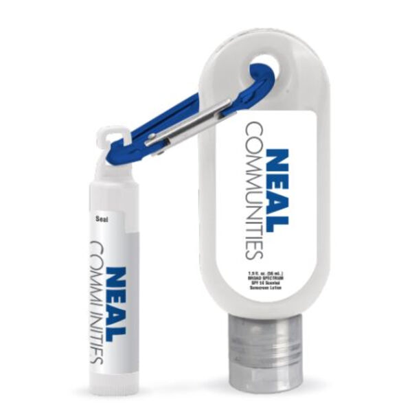 1.9 oz SPF 30 Sunscreen with Carabiner and SPF 15 Lip Balm in White Tube with Hook Cap Thumbnail